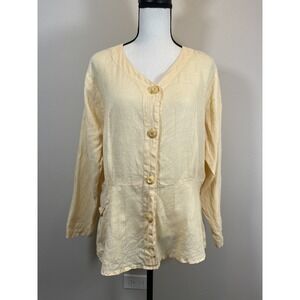 Flax Yellow button down 100% linen V neck top With Pockets Long Sleeves